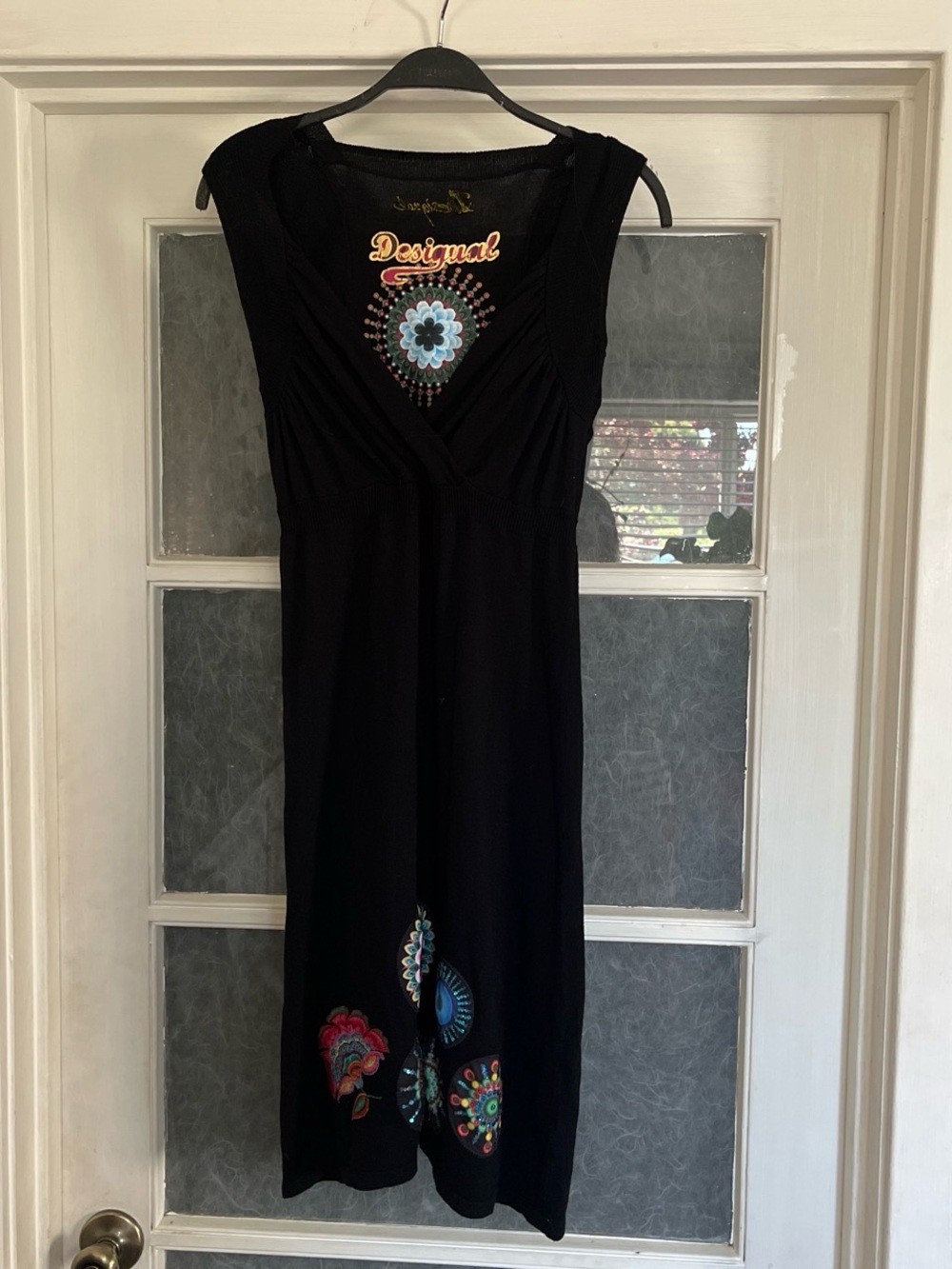 Desigual Black Sleeveless V-Neck Knit Dress with Colorful Floral Embroidery